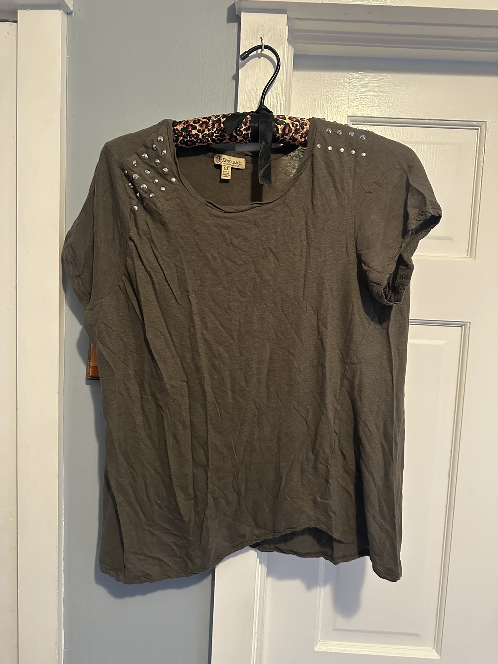 Democracy Olive Short Sleeve Tee with Shoulder Studs